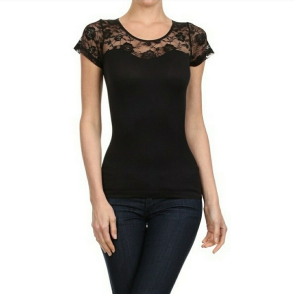 Tops - Seamless black lace shirt